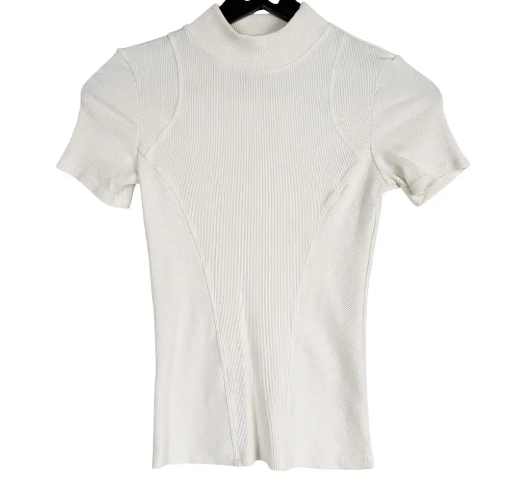 Alo Yoga Ribbed Mesmerize Short Sleeve Top Shirt Cream Mock Neck - XS